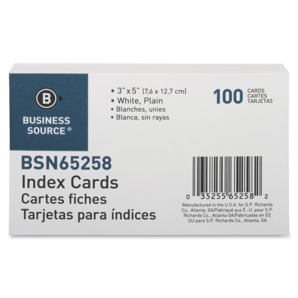 Business Source  Index Cards, Plain, 90lb., 3"x5", 100/PK, White Thumbnail